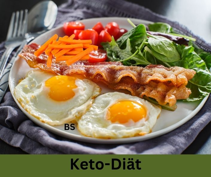 Spiegeleier mit gebratenem Speck und frischem Salat, serviert auf einem Teller. Keto-Diät Mahlzeit für die Ketose.