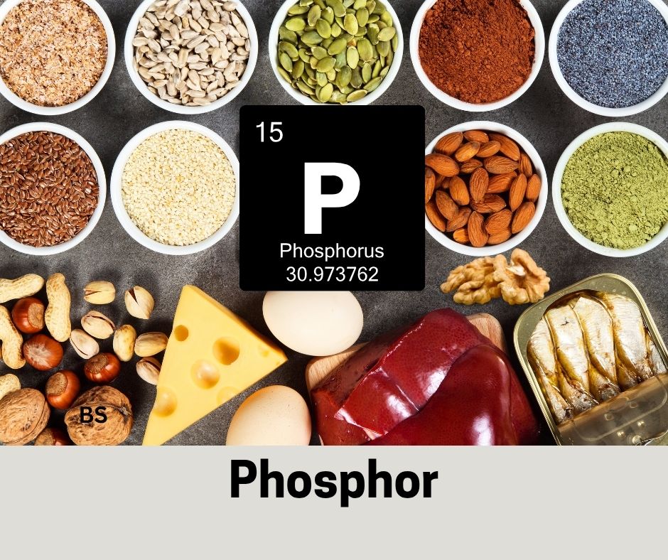 Phosphorreiche Lebensmittel wie Käse, Nüsse, Chiasamen und Fisch. Phosphor als Schrift.
