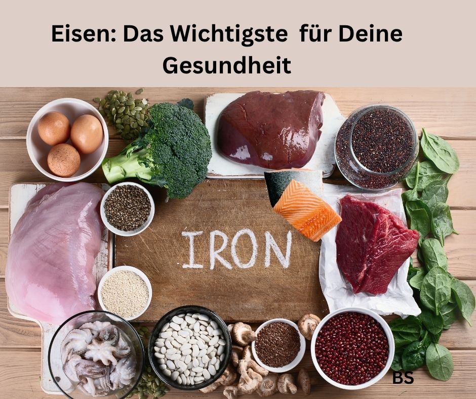 Eisen Das Wichtigste für Deine Gesundheit - Vital Supplements Eisenreiche Lebensmittel wie Leber, Eier, Lachs, Brokkoli. Schriftzug: Eisen: Das Wichtigste für Deine Gesundheit.