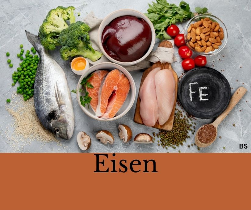 Eisenreiche Lebensmittel. Schriftzug: Eisen