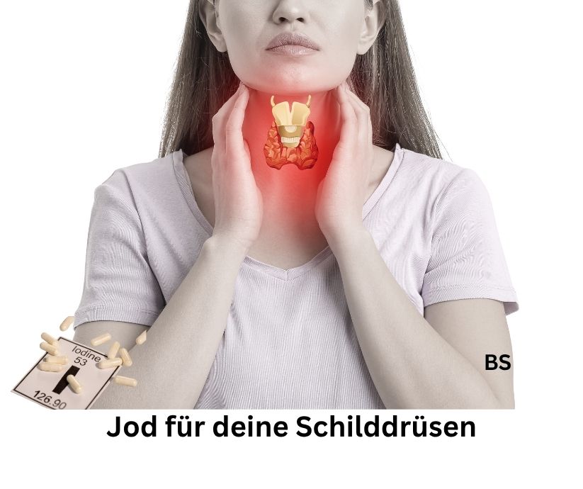 Frau mit Schilddrüsen Probleme. Kapseln und eine Schriftzug: Jod für deine Schilddrüsen.