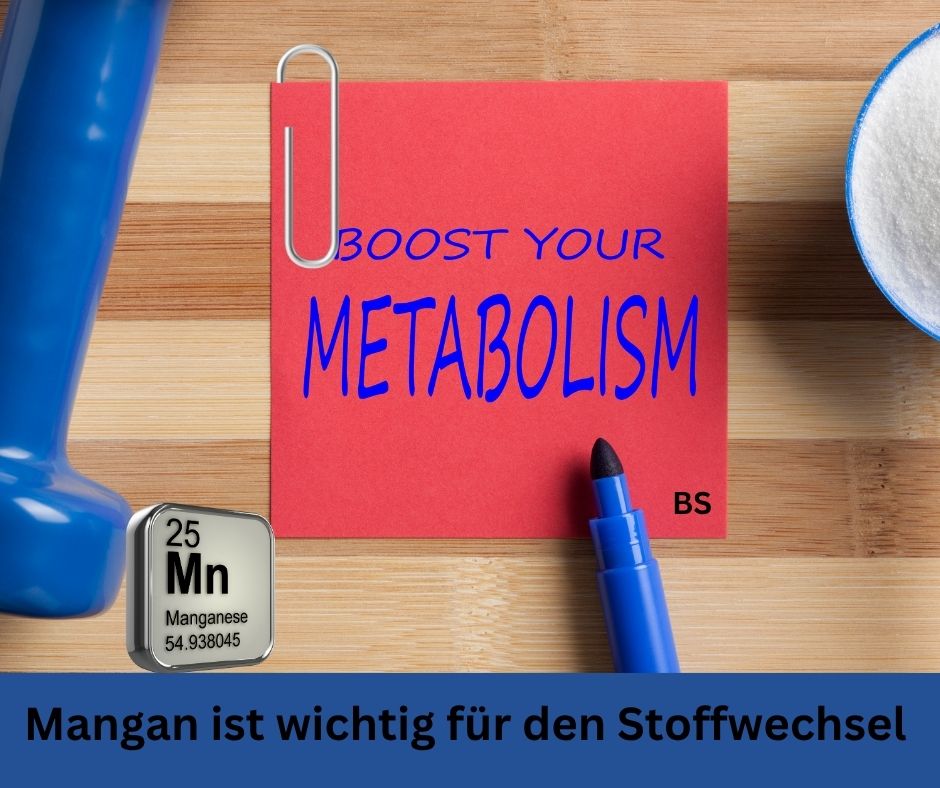 Mangan ist wichtig für den Stoffwechsel. Memo Zettel mit der Schrift: Boost your Metabolism.