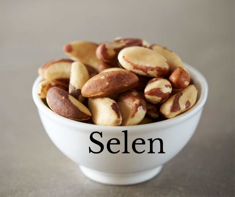 Paranüsse in ein Schälchen. Schriftzug: Selen