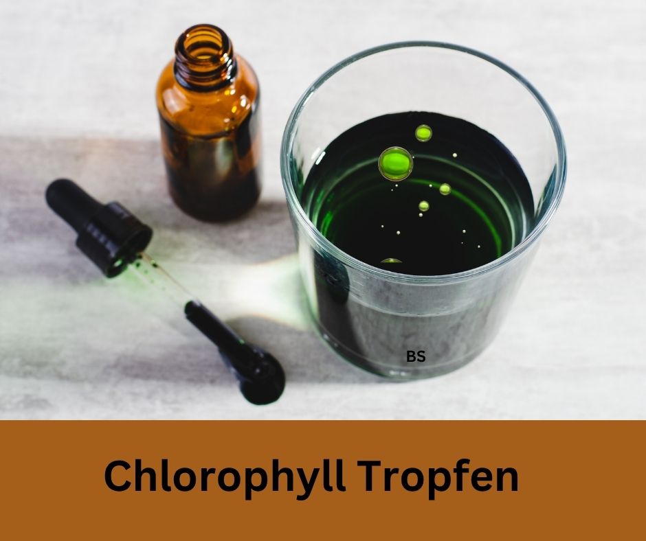 Zeigt eine Flasche mit Pipette. Ein Glas mit grüner Inhalt. Schriftzug: Chlorophyll Tropfen.