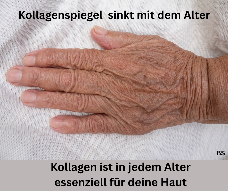 Haut einer Hand ohne Spannkraft. Schriftzug: Kollagen sinkt mit dem Alter und Kollagen ist in jedem Alter essenziell für deine Haut.