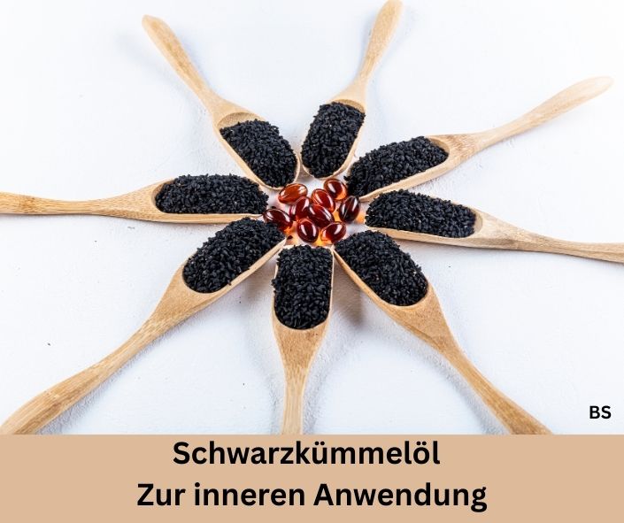 Schwarzkümmelöl 
zur Innerlich Anwendung, in Form von Kapseln und Samen.