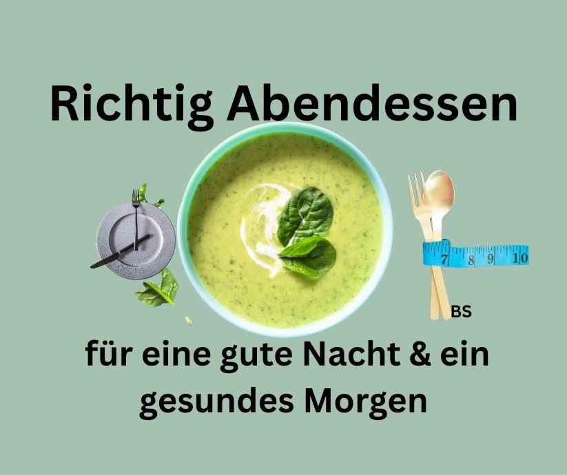 Richtig Abendessen für eine gute Nacht & ein gesundes Morgen. Teller Suppe mit Uhr, Löffel und Gabel.