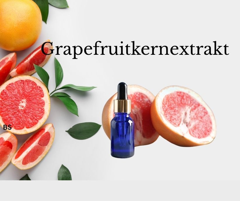Grapefruit in Scheiben und als Frucht. Grapefruitkernextrakt als Tropfen.