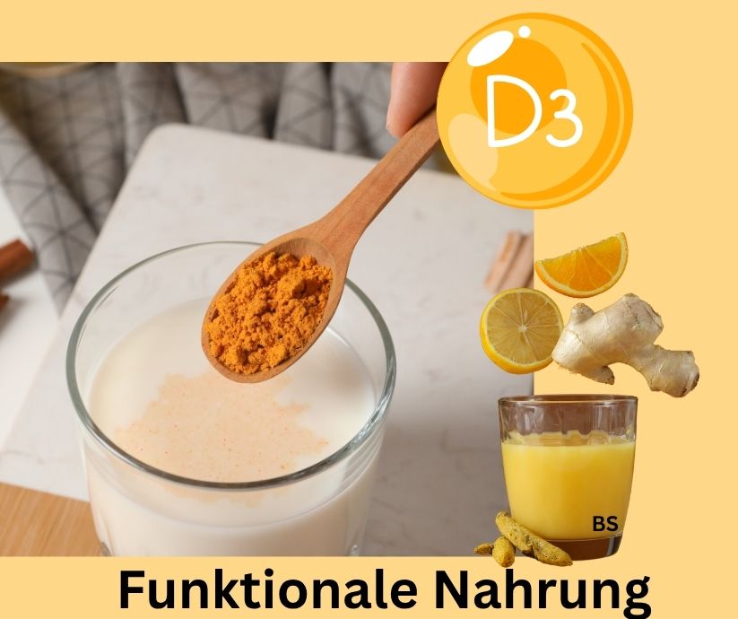 Funktionale Nahrung & Functional Food, Milch mit Vitamin D und Orangensaft mit Kurkuma und Ingwer.