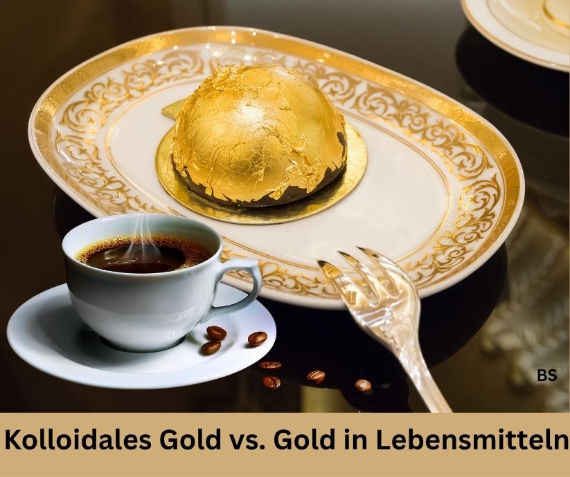 Teller mit eine Praline mit Blattgold dekoriert. Eine Tasse schwarzer Kaffee. Schriftzug: Kolloidales Gold vs. Gold in Lebensmitteln.
