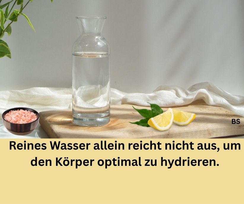 Eine Glas Flasche mit Wasser auf ein Brett. Zwei vierteln Zitronen und eine kleine Schale mit rosa Salz. Schriftzug: Wasser zu trinken ist nicht der beste Weg, um hydriert zu bleiben