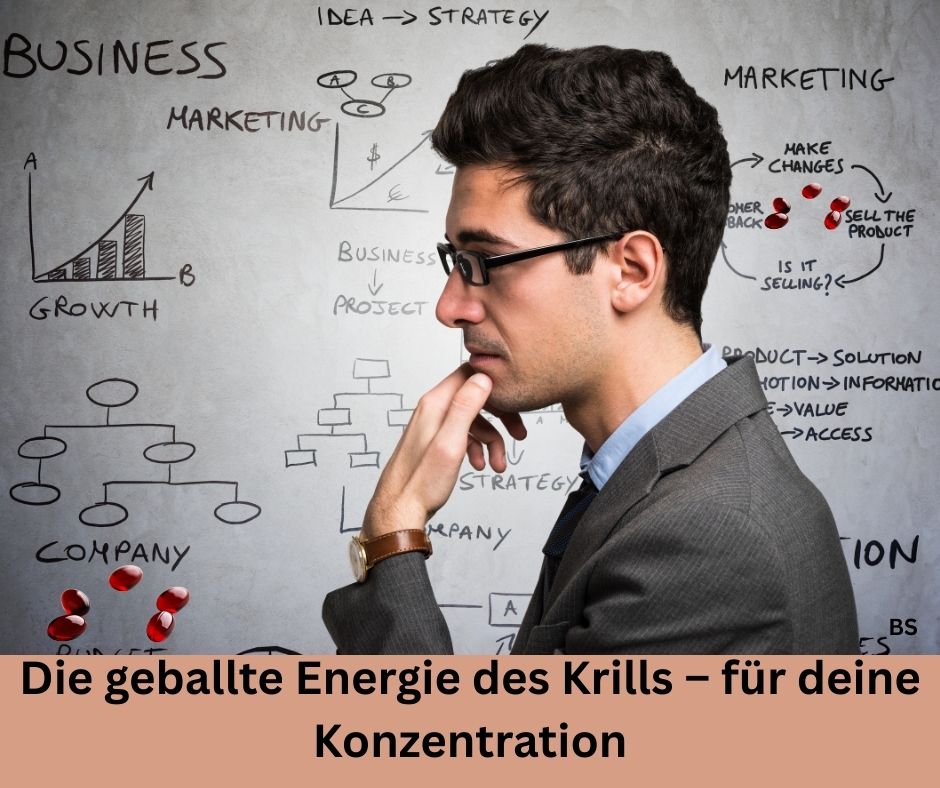 Denkender Mann, eine Tafel voll mit Business Strategien und einige Krillöl Kapsel. Schriftzug: Die geballte Energie des Krills – für deine Konzentration. 