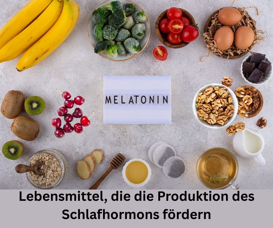 Bananen, Tomaten, Wallnüsse, Honig, Eier, Kiwi, Milch und Kirschen sind Lebensmittel, die die Produktion des Schlafhormons fördern. Schlafhormon. für ein Gesunder Schlaf.
