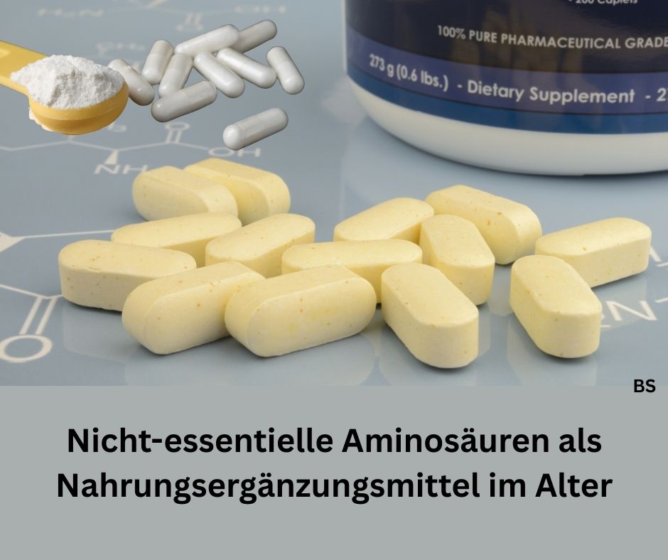 NEAA in Form von Nahrungsergänzungsmittel. Schriftzug: Nicht-essentielle Aminosäuren als Nahrungsergänzung im Alter.