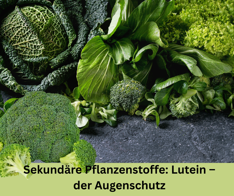 Grünes Gemüse wie Brokkoli. Schriftzug: Sekundaere Pflanzenstoffe: Lutein – der Augenschutz
