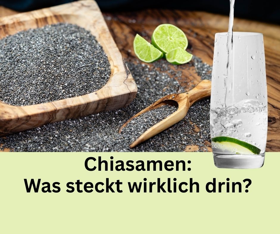 Chiasamen auf ein Brett mit Zitronen hälften und ein Glas Wasser. Schriftzug: Chiasamen, was steckt wirklich drin.