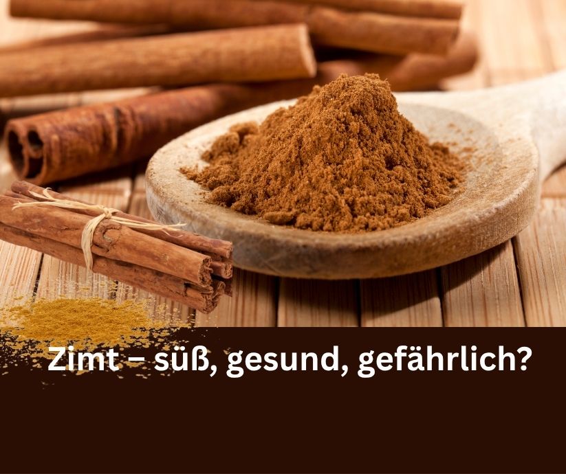 Zimt in Form Von Pulver und Rinde. Schriftzug: Zimt – süß, gesund, gefährlich?