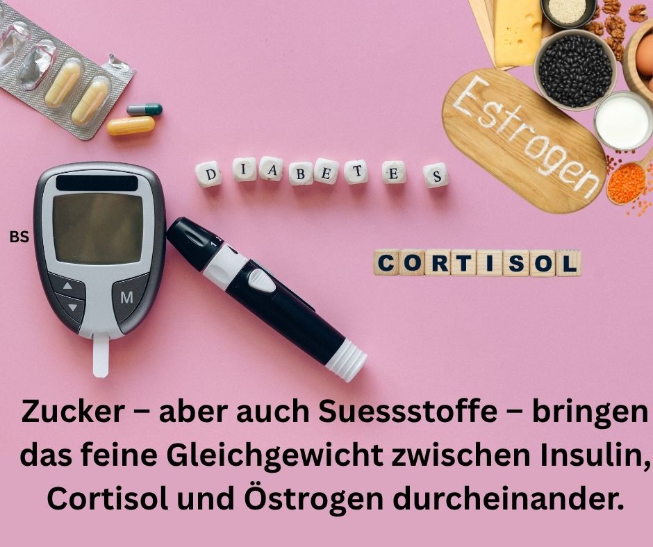Text: Zucker – aber auch Suessstoffe – bringen das feine Gleichgewicht zwischen Insulin, Cortisol und Östrogen durcheinander.